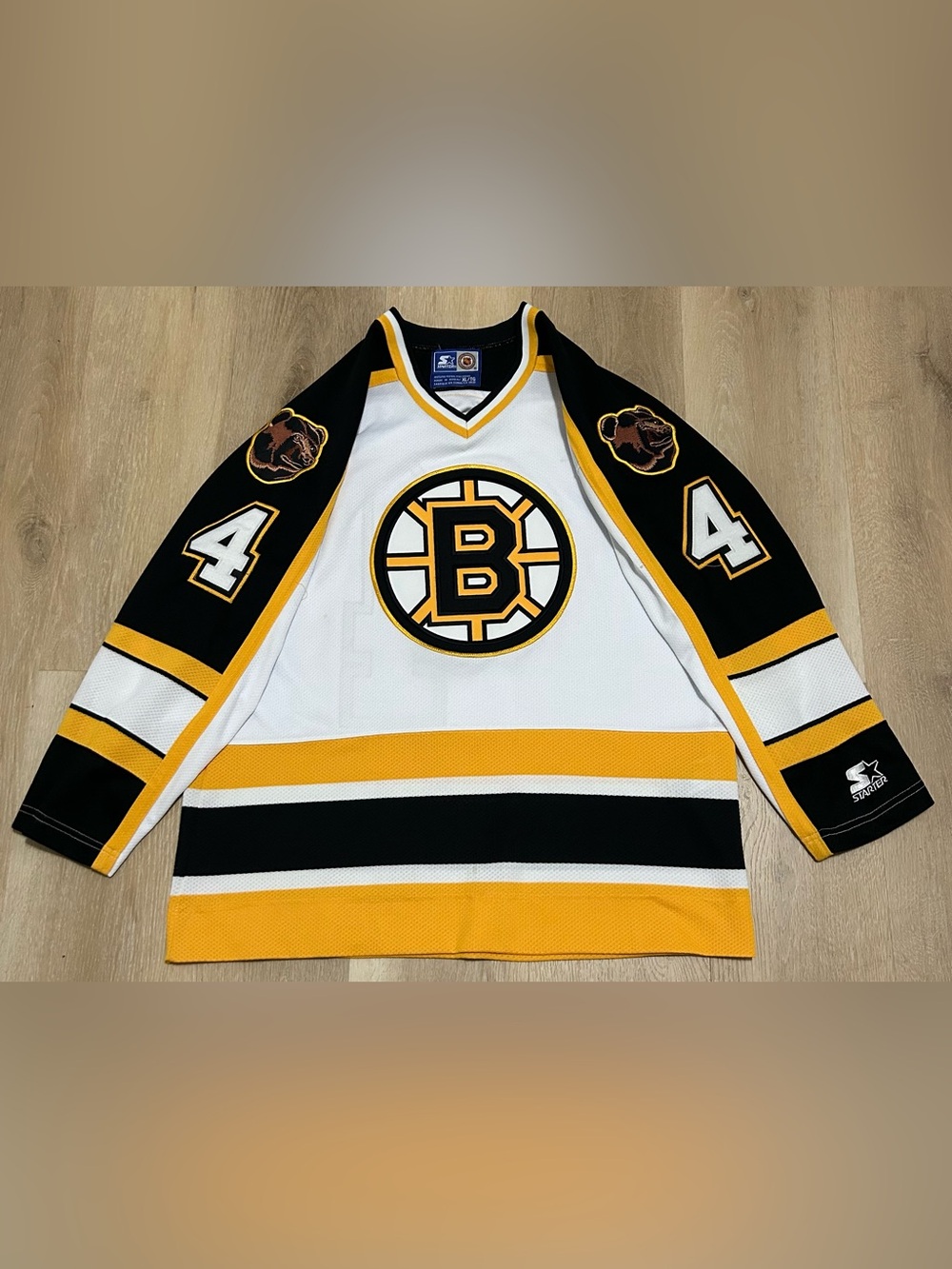 Vintage Starter Boston Bruins #4 White and Black Hockey Jersey